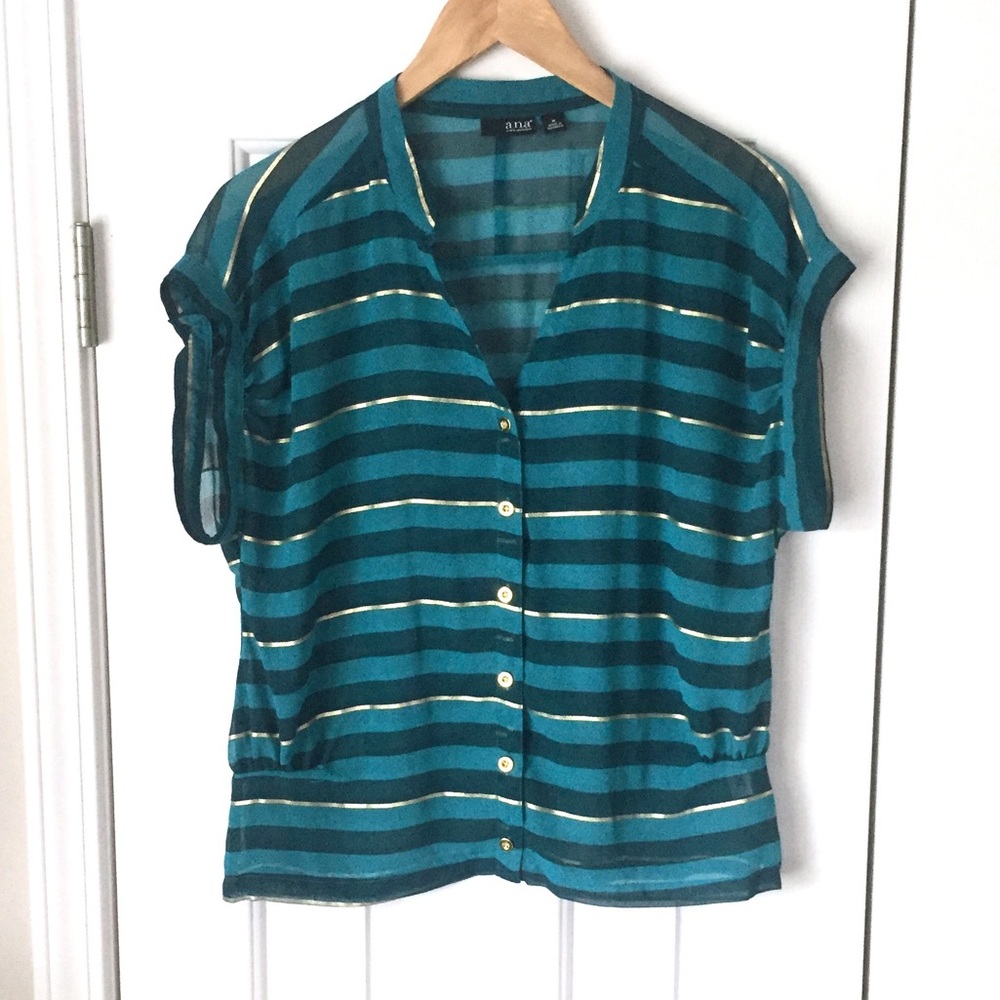 Teal and gold striped sheer button top